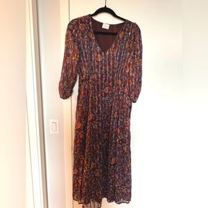 Vila brown midi dres 3/4 sleeve paisley print & side zipper Autumn Fall Summer